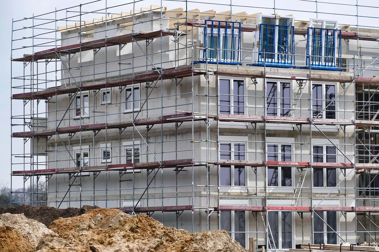 Apartment with scaffolding along the side under construction